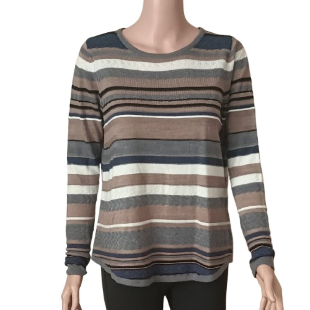 Brown & Gray Stripe Pullover Sweater PL Women's Long Sleeve Fall Crew Neck